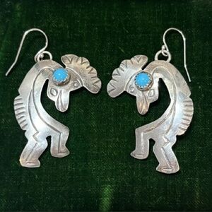 Kokopelli Sterling Turquoise Dangle Earrings